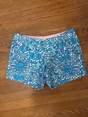 Lilly Pulitzer Blue, Aqua & White Seashell Print Bermuda Shorts
